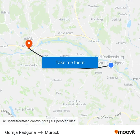 Gornja Radgona to Mureck map