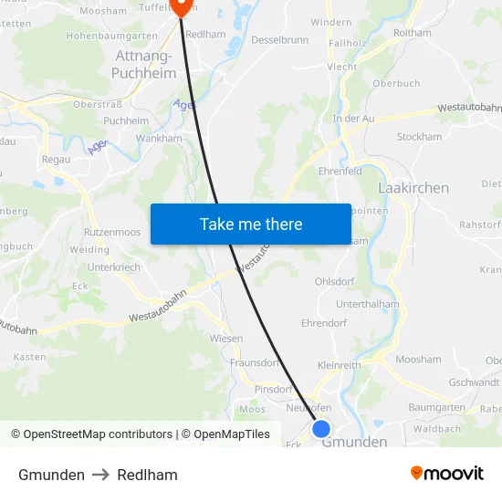 Gmunden to Redlham map