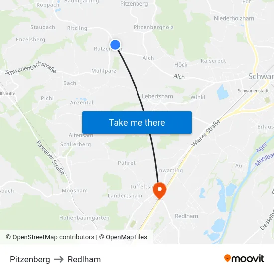 Pitzenberg to Redlham map