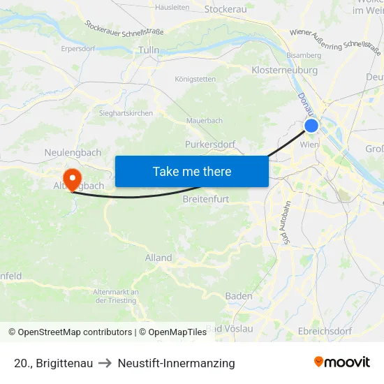 20., Brigittenau to Neustift-Innermanzing map