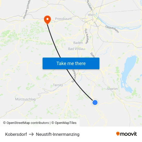 Kobersdorf to Neustift-Innermanzing map