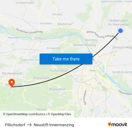Pillichsdorf to Neustift-Innermanzing map