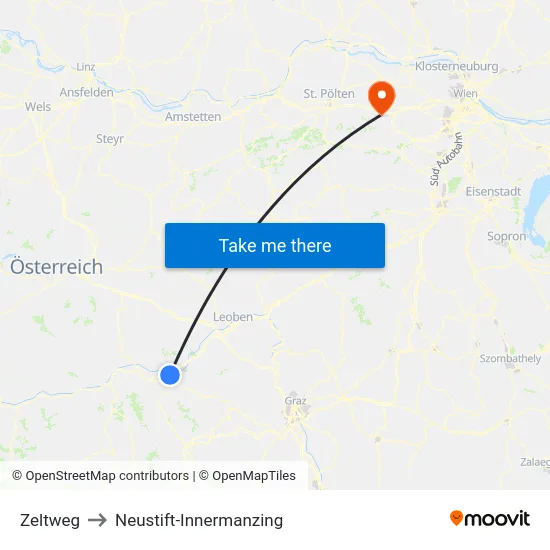 Zeltweg to Neustift-Innermanzing map