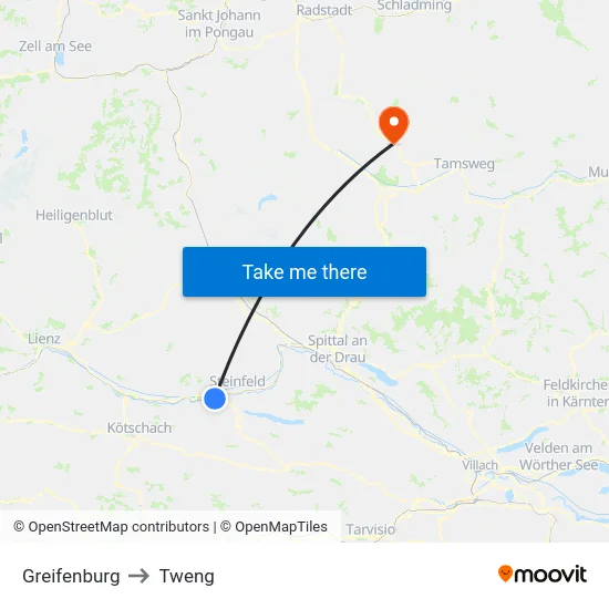 Greifenburg to Tweng map