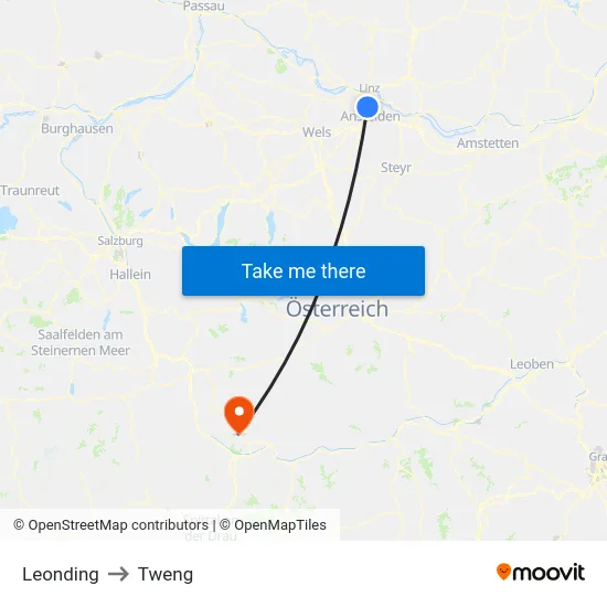 Leonding to Tweng map