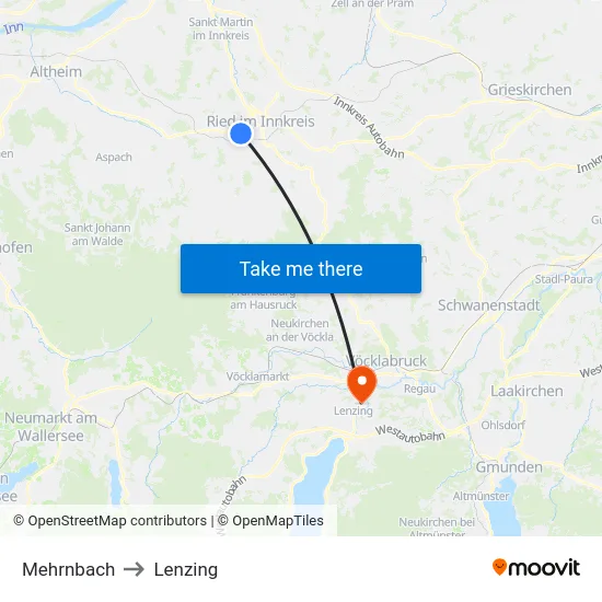Mehrnbach to Lenzing map