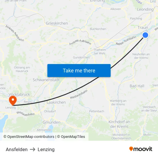 Ansfelden to Lenzing map