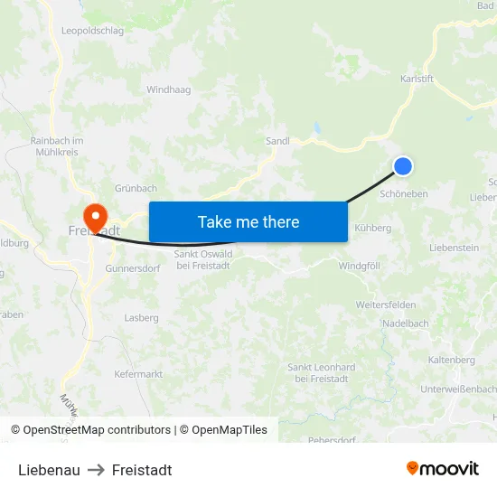 Liebenau to Freistadt map