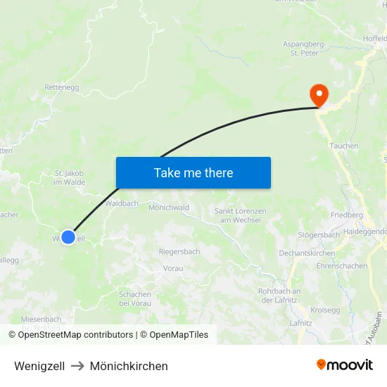 Wenigzell to Mönichkirchen map