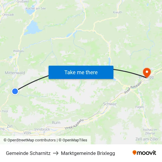 Gemeinde Scharnitz to Marktgemeinde Brixlegg map