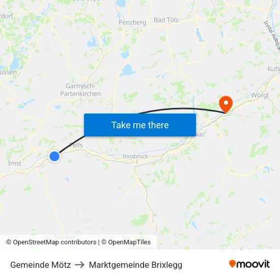 Gemeinde Mötz to Marktgemeinde Brixlegg map