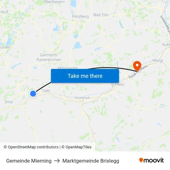 Gemeinde Mieming to Marktgemeinde Brixlegg map