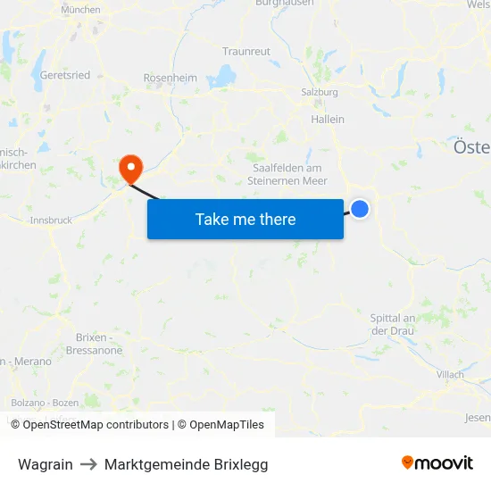 Wagrain to Marktgemeinde Brixlegg map