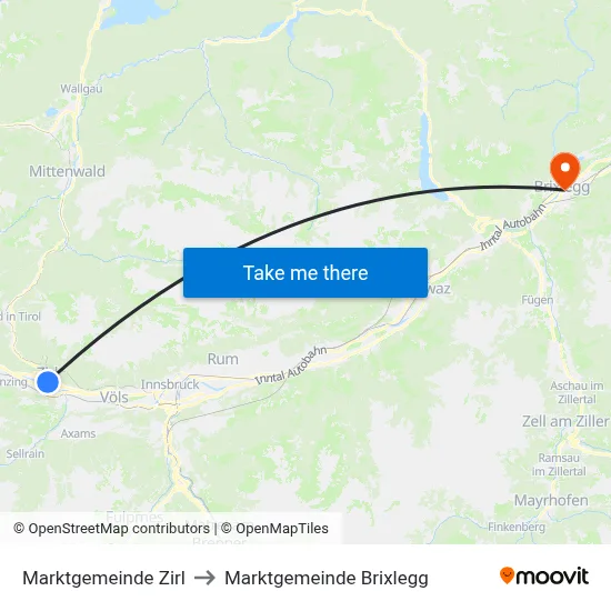 Marktgemeinde Zirl to Marktgemeinde Brixlegg map