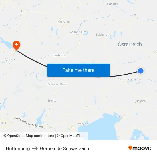Hüttenberg to Gemeinde Schwarzach map