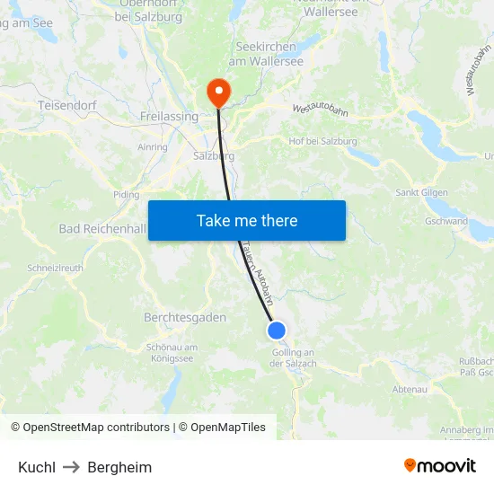 Kuchl to Bergheim map