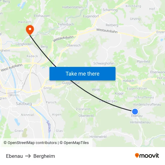 Ebenau to Bergheim map