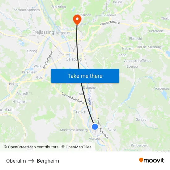 Oberalm to Bergheim map