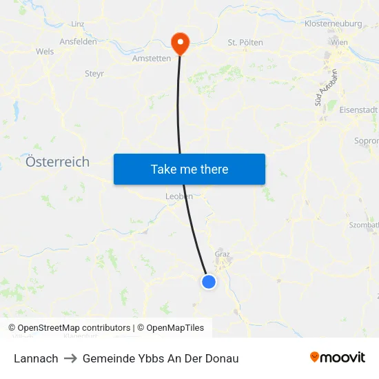 Lannach to Gemeinde Ybbs An Der Donau map