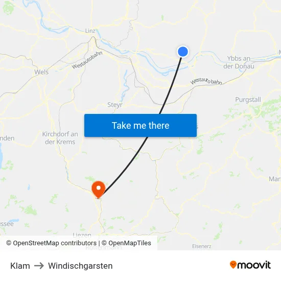 Klam to Windischgarsten map