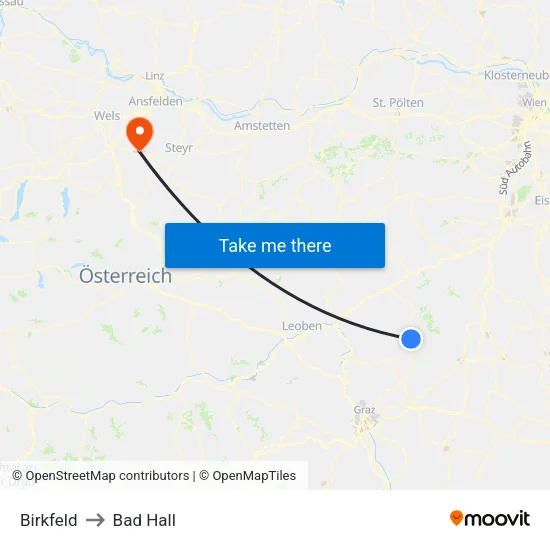 Birkfeld to Bad Hall map