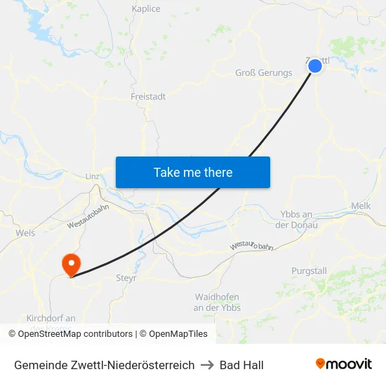 Gemeinde Zwettl-Niederösterreich to Bad Hall map