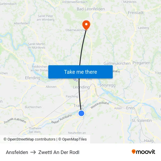 Ansfelden to Zwettl An Der Rodl map