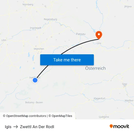 Igls to Zwettl An Der Rodl map