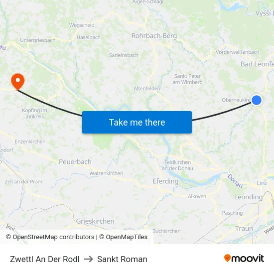 Zwettl An Der Rodl to Sankt Roman map