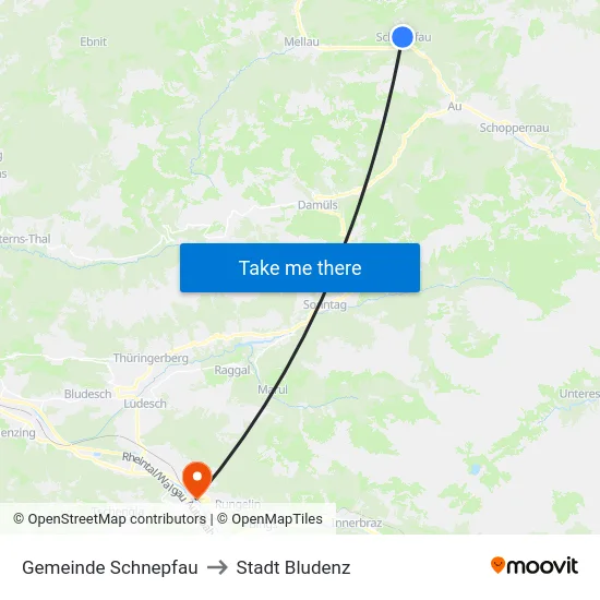 Gemeinde Schnepfau to Stadt Bludenz map