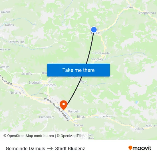 Gemeinde Damüls to Stadt Bludenz map