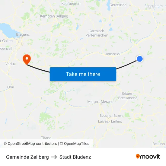Gemeinde Zellberg to Stadt Bludenz map