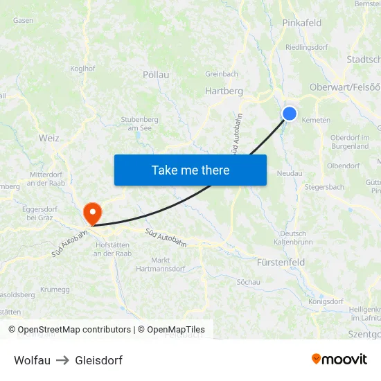 Wolfau to Gleisdorf map