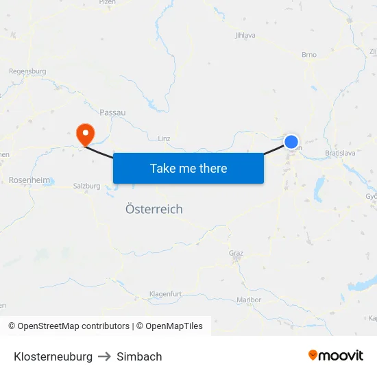 Klosterneuburg to Simbach map
