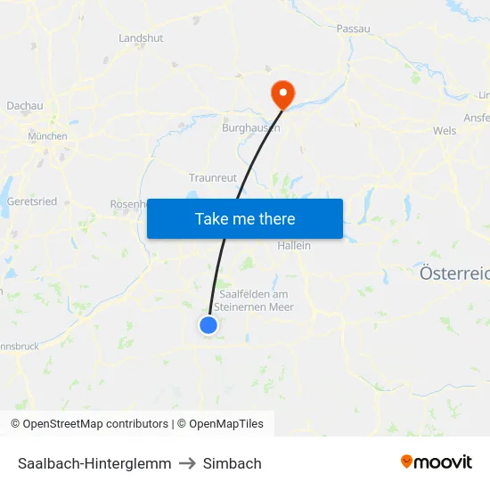 Saalbach-Hinterglemm to Simbach map