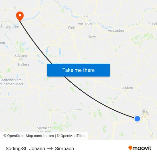 Söding-St. Johann to Simbach map