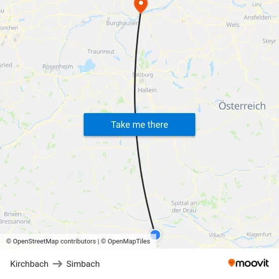 Kirchbach to Simbach map