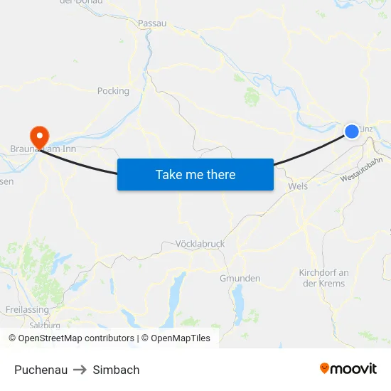 Puchenau to Simbach map