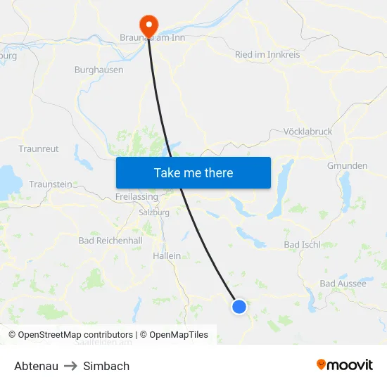 Abtenau to Simbach map