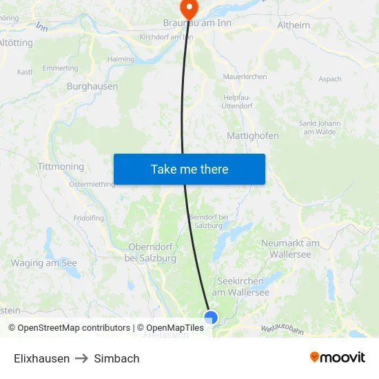 Elixhausen to Simbach map
