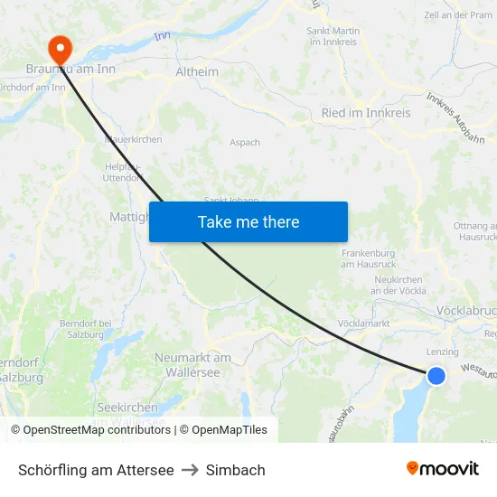 Schörfling am Attersee to Simbach map