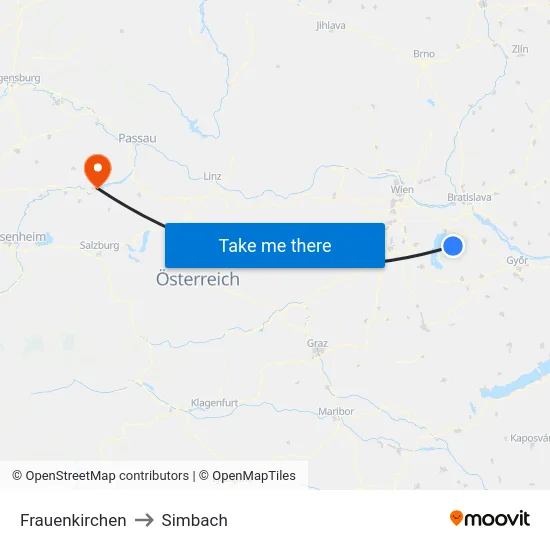 Frauenkirchen to Simbach map
