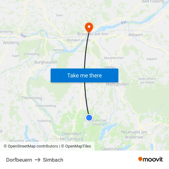 Dorfbeuern to Simbach map