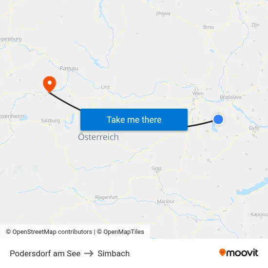 Podersdorf am See to Simbach map