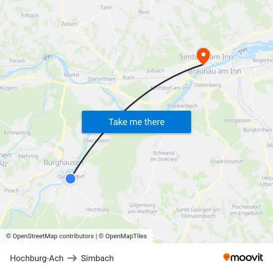 Hochburg-Ach to Simbach map