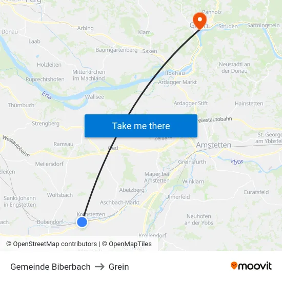 Gemeinde Biberbach to Grein map