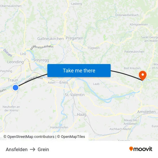 Ansfelden to Grein map
