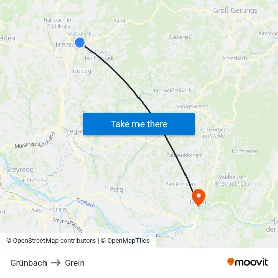 Grünbach to Grein map