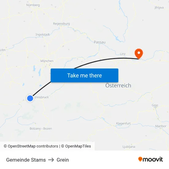 Gemeinde Stams to Grein map