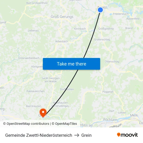 Gemeinde Zwettl-Niederösterreich to Grein map